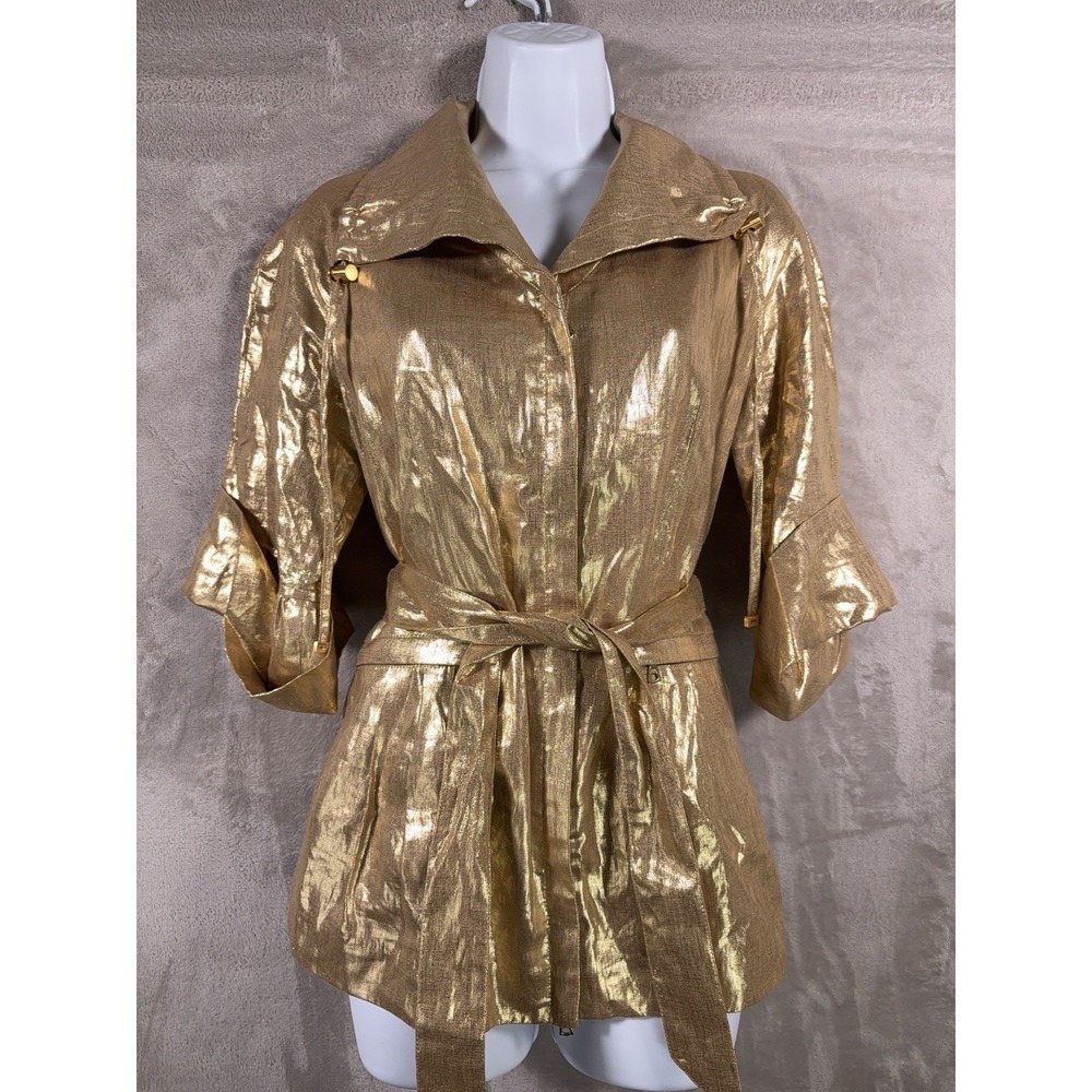 Lafayette 148 Wrap Jacket Womens 0‎ Metallic Gold Belted Zip Lame Shimmer Linen